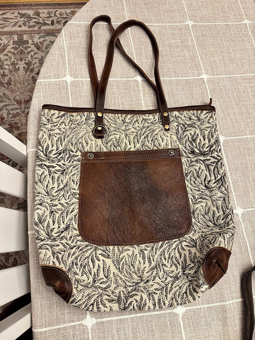 Myra Bag Leaf Print Canvas Tote Bag Brown & Green